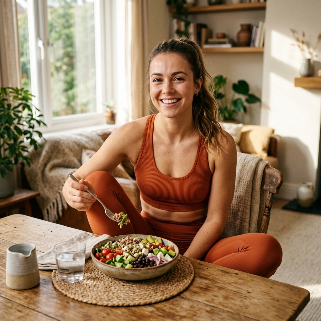 Smiling woman eating a healthy salad